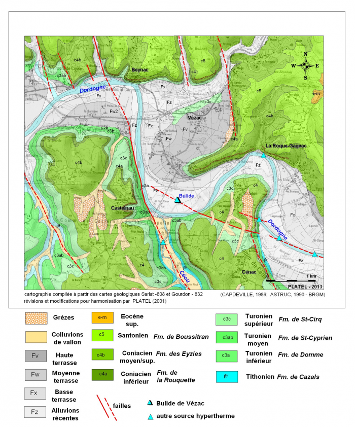 Figure 2 : Contexte géologique de la bulide de Vézac, dans la vallée de la Dordogne (d'après Platel JP., 2013)