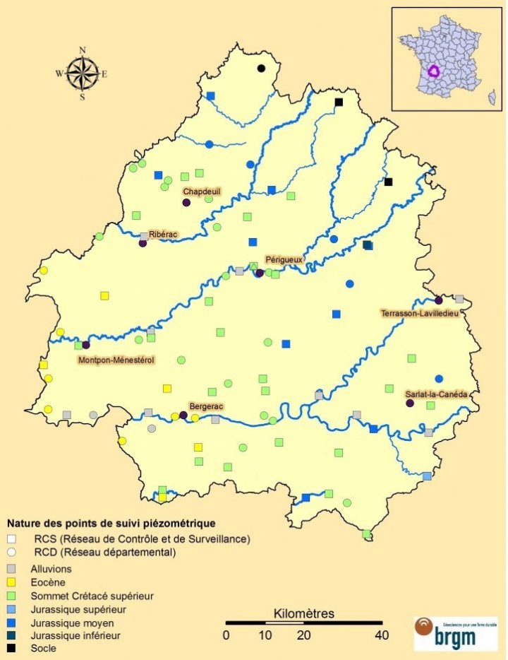 Localisation des points de suivi quantité de Dordogne