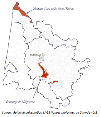 Zone à risques pour les nappes d'eau souterraine en Gironde