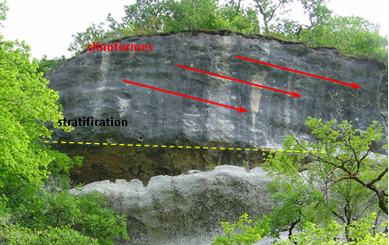 Figure 2 : Clinoformes obliques dans les calcaires gréseux de la base de la 2e séquence attestant de la progradation de la plate-forme au Coniacien (Formation des Eyzies)