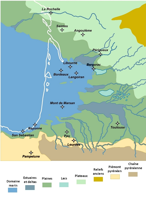 Figure 1 : Paléogéographie de l'Aquitaine au Stampien (-34 à -28 Ma) (©Chartier Didier)