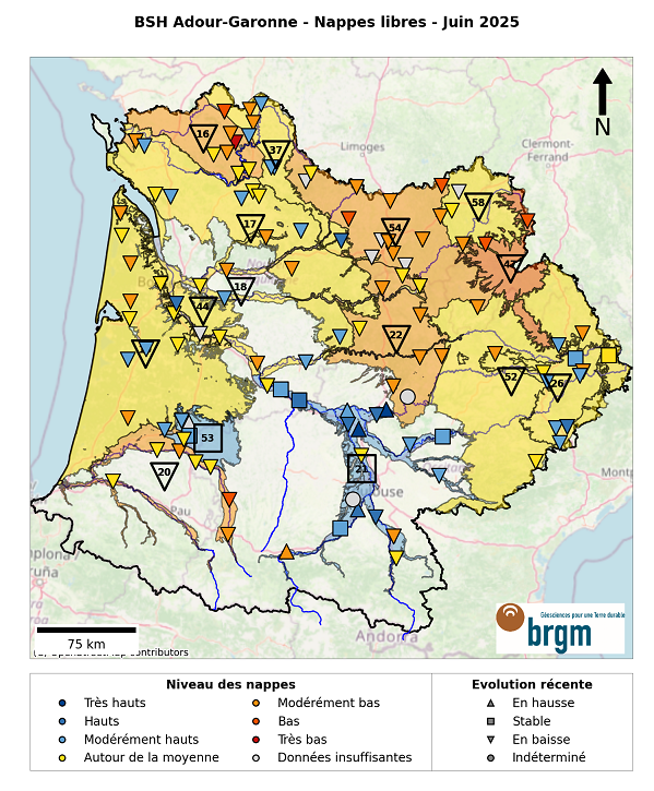Cartographie du bassin Adour-Garonne associée au Bulletin de Situation Hydrologique