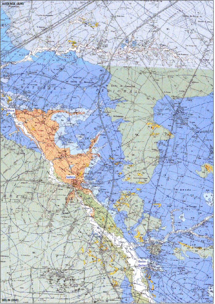 Extrait des cartes géologiques 1/50 000 de Audenge (826) et Belin (850)