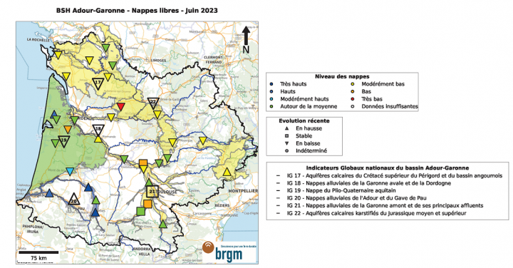 Cartographie du bassin Adour-Garonne associée au Bulletin de Situation Hydrologique