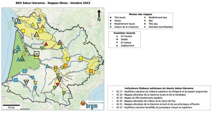 Cartographie du bassin Adour-Garonne associée au Bulletin de Situation Hydrologique